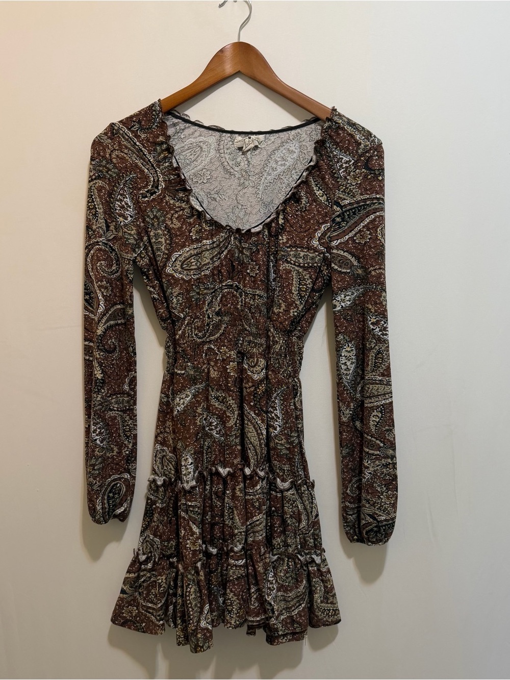Derek Heart Brown Paisley Ruffle Tiered Long-Sleeve Dress